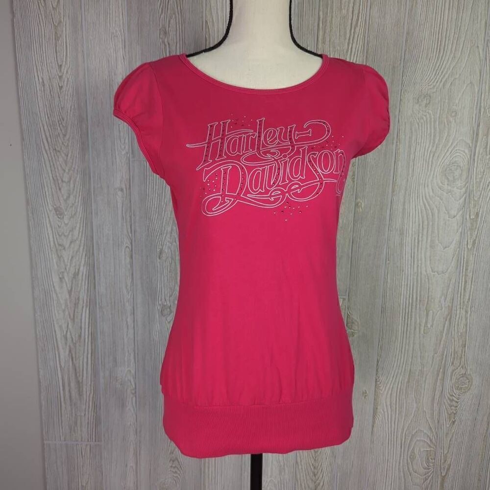 Harley Davidson 2010 Women’s Medium Pink Embellished Short Sleeve Shirt Top USA